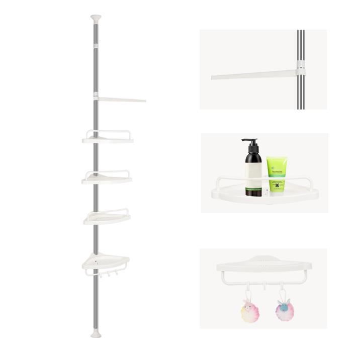 Étagère De Douche Télescopique Sans Perçage 97-310 Cm Réglable En Hauteur Avec Plateaux Blanc