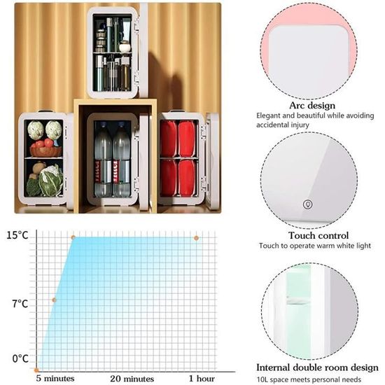 Mini Frigo 8L Réfrigérateur Chambre Température Refroidisseur Réchauffeur Voiture Cosmetique 2 en 1 Miroir Beauté Maquillage Portatif avec Eclairage LED 
