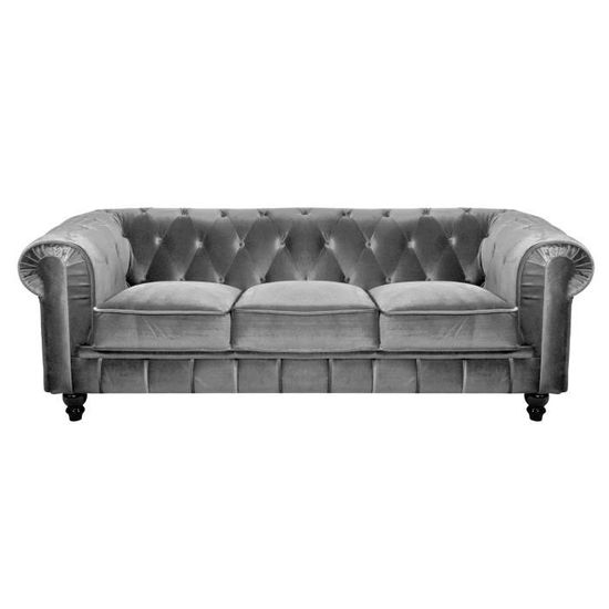 Chesterfield Canape 3 Places Gris En Velours