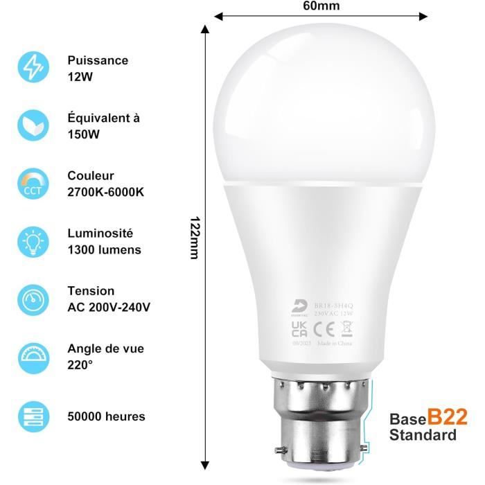 Ampoule LED - Culot B22 à baïonnettes - 12W - Blanc chaud
