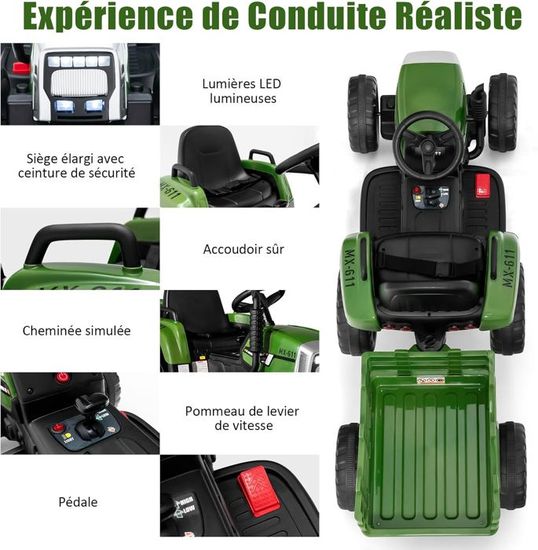 GOPLUS Tracteur Électrique Enfants 12V – Remorque Amovible, Phares LED, Musique, Bluetooth, Télécommande Parentale – 3 Ans+, 30 Kg