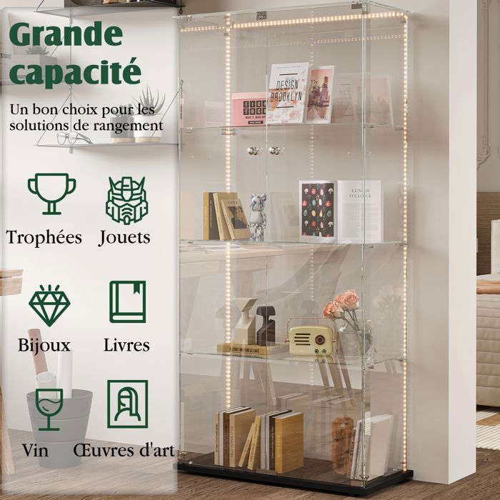 Vitrine en verre trempé noir,meuble de collection transparent avec 2 ...