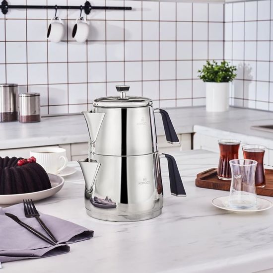 Service à Thé Karaca Nero Midi - 2 Pièces (Théière 1.35L + Bouilloire 1.95L) - Noir, 12 Tasses