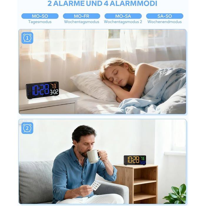 Réveil Numérique Électronique avec 2 Réveils, Miroir Horloge LED avec 8 Modes Lumière, Snooze, Aide au Sommeil, Minuterie, avec Gradateur Continu, Port de Charge USB pour Fille,Garçon