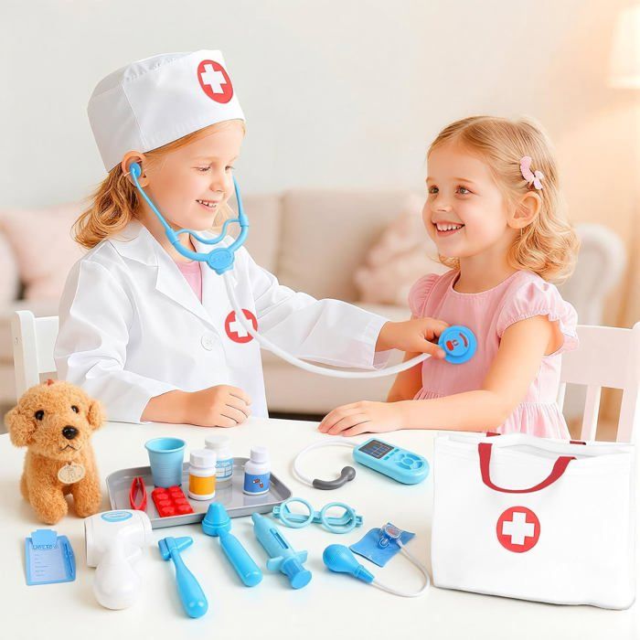 Mallette Docteur Enfant – 2 En 1 Médecin Et Vétérinaire, Blouse, Stéthoscope, Tensiomètre, Thermomètre, 24 Pièces, Dès 3 Ans