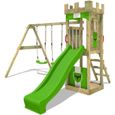 FATMOOSE Aire de jeux Portique bois TreasureTower avec balançoire et toboggan vert pomme Maison enfant extérieure avec bac à sable-0
