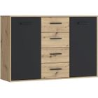 BRAND Buffet PILVI - Style contemporain - Particules mélaminé - Décor Chêne et noir - 2 portes + 4 tiroirs - L 122,6 x P 34,2 x H 81,7 cm