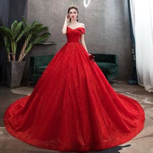ROBE DE MARIÉE Rouge principales robes de mariage mince ciel étoilé une épaule long traînant enceinte mariée femme mariage nouveau 2021 été
