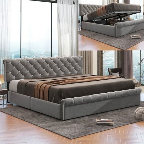 Litcoffre160x200cm,Litdoubleavectêtedelitréglable,sommieràlattes,tissuenvelours,gris