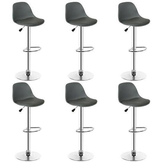 (GRIS)Lot de 6 Tabourets de bar Coussin PU Chaise haute de bar - 37.5x33.5x55~57 cm hauteur réglable
