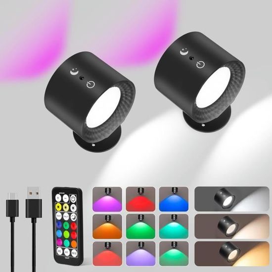 Générique Miro France Lampe Murale LED Sans Fil Applique Murale Intérieure Avec Télécommande, Lampe Rotative 360° à Luminosité Réglable, Batterie 1800mAh Rechargeable, USB-C, Pour Chambre (Blanc
