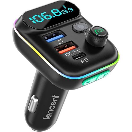 Transmetteur FM Bluetooth Voiture + Chargeur Allume Cigare 69W - 4 Ports, 2 Câbles Rétractables, Bluetooth 5.3, Lecteur USB - Pour Anciens Autoradios