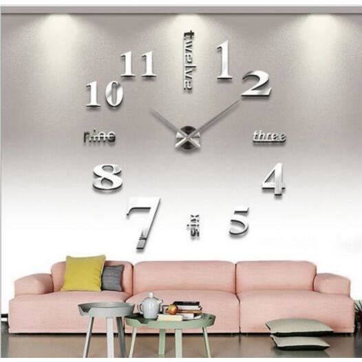 Numérique Grande Surface Horloge murale Miroir 3D DIY Sticker Home Office Décor moderne