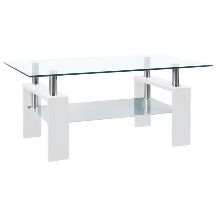 ®102977• Table Basse de Canapé - Étagère de Rangement - pour Salon Chambre Maison Blanc 95x55x40 cm Verre trempé - A SAISIR -