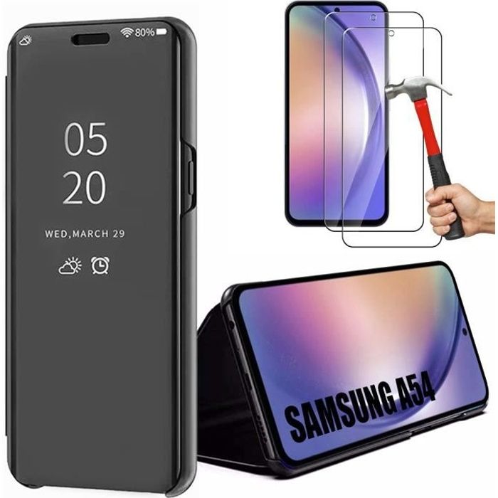 2 Verres Trempés + Coque pour Samsung A54 Noir Intégrale Anti-Rayures Miroir Elégante Protection 360°
