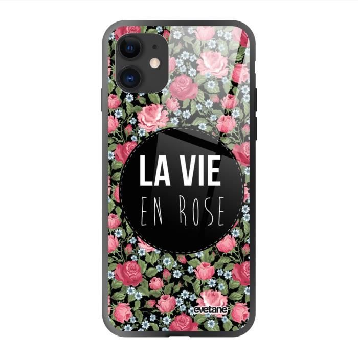 Coque pour iPhone 11 soft touch noir effet glossy La Vie en Rose Design Evetane
