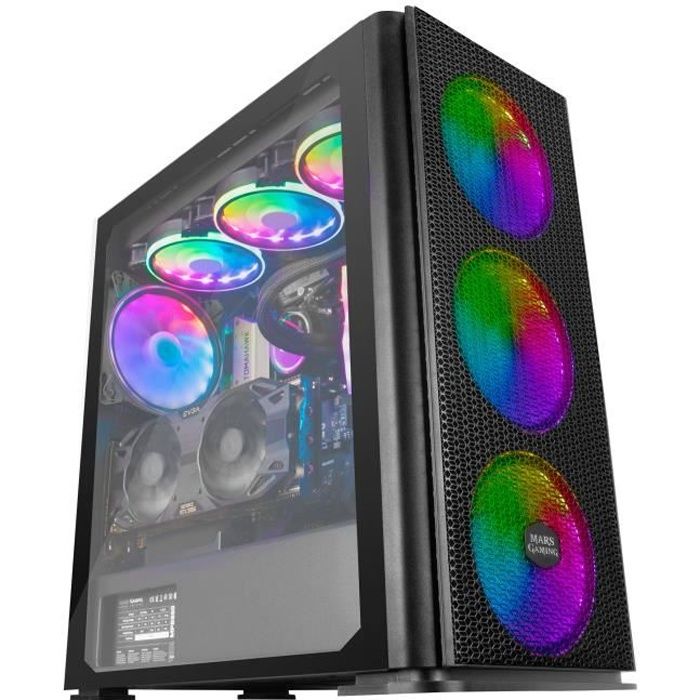 Mars Gaming MCPRO Noir - Boîtier Gamer XL E-ATX - Verre Trempé + 4 Ventilateurs 14cm RGB