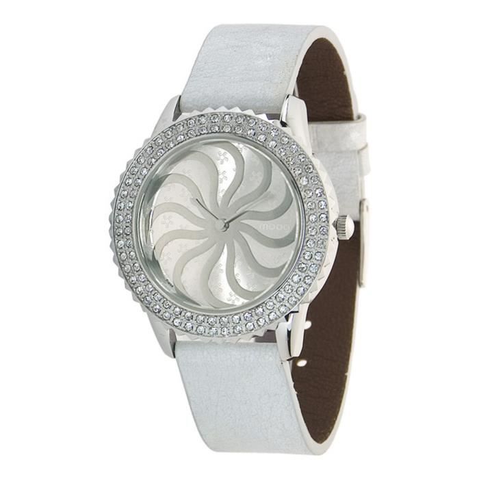 Montre Femme Moog Paris Vertigo avec Cadran Argenté, Eléments Swarovski, Bracelet Blanc en Cuir Véritable - M44962-101