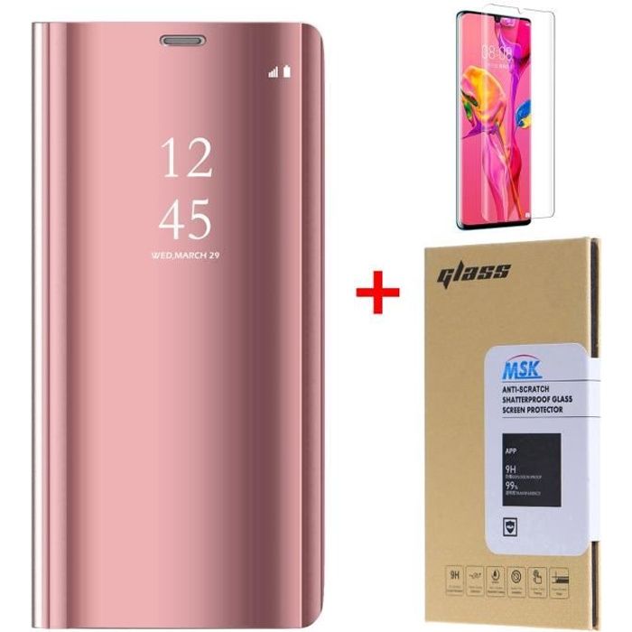 Coque Huawei P30 Pro et Verre trempé, Miroir Case Avec Stand Fonction Flip Protection Pour Huawei P30 Pro - Or Rose