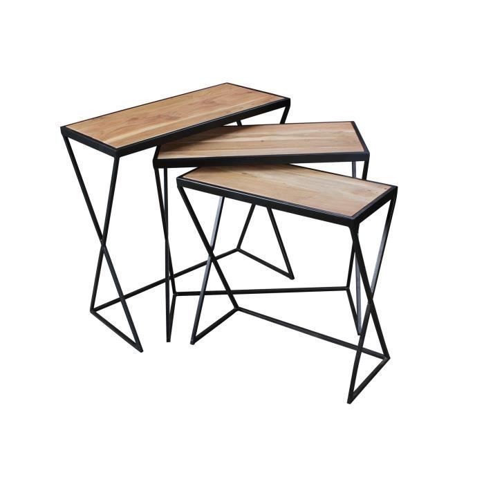 Ensemble de 3 tables design Acacia Tables gigognes en bois massif avec pieds en métal