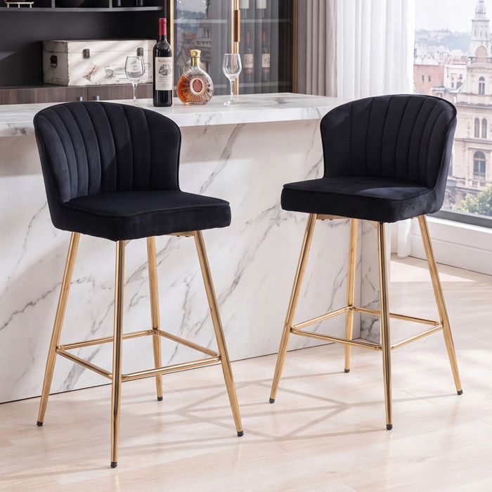 Wahson Tabouret de Bar Lot de 2 Chaise de Bar Moderne Tabouret avec Pied Plaquée Or Chaise Haute pour Cuisine Velours Noir