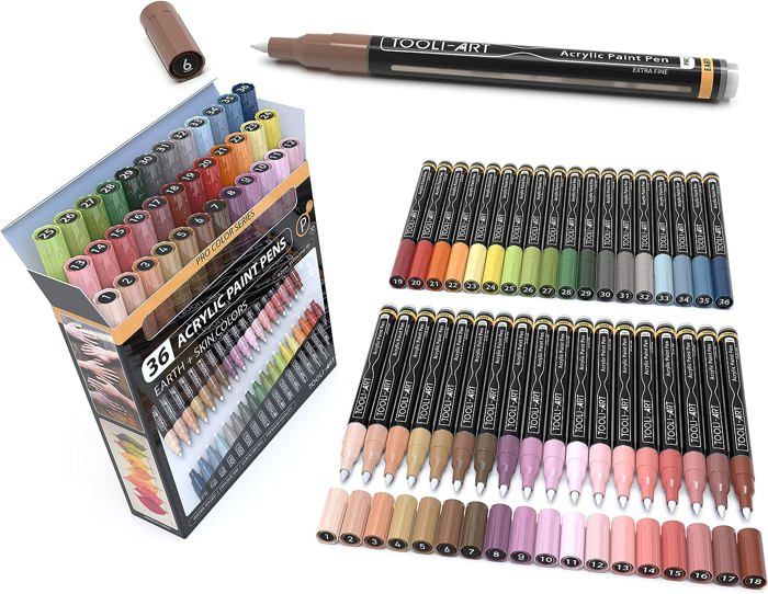Lot de 36 marqueurs de peinture acrylique à pointe pinceau flexible de 1 à 7 mm pour peinture