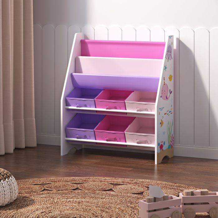 Étagère de rangement Ponteceso pour enfant avec 6 bacs ouverts blanc rose violet