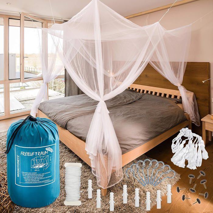 Moustiquaire De Lit 220x200x200 Cm - 2 Places, Polyester Respirant, Cordon & Sac De Rangement Inclus