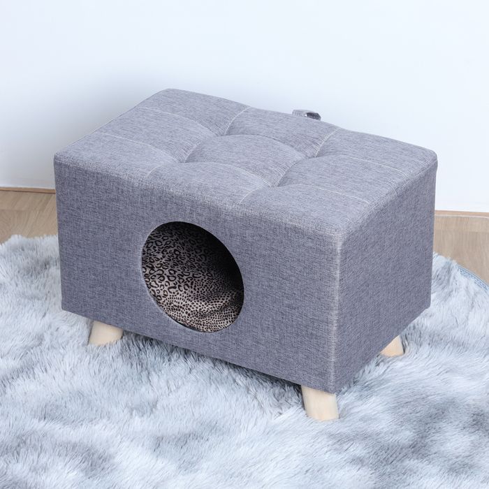 Meilleurs prix pour Maison pour chat niche - grotte pour chat en bois (avec coussin) - housse en coton et lin, pieds en bois massif - 48*26*30cm
