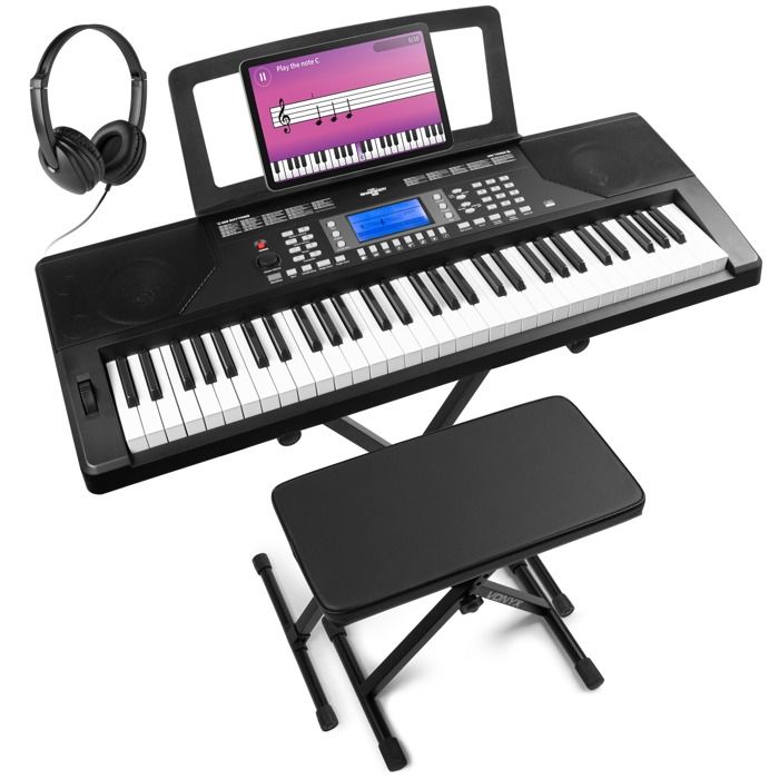Clavier MIDI Max RhapdosyDP61 - Piano Électronique 61 Touches Semi Lourdes avec Meuble en Bois, Casque audio et Banc inclus