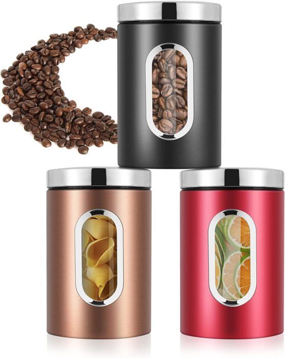 Pot à Café Hermétique Inoxydable Boite de Rangement Cuisine Lot de 3 Bocaux Hermétiques Alimentaires avec Fenêtre