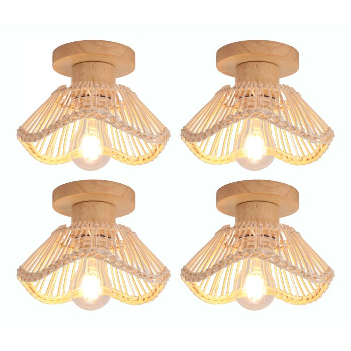 iDEGU 4x Plafonnier Vintage E27 Lampe de Plafond Industriel Abat-jour en Rotin et Bois Lustre Style Nordique pour Couloir Salon