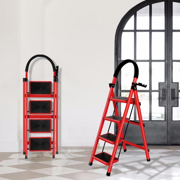 JEOBEST Escabeau Pliable 4 Marches Charge 150kg Pédales Larges Accoudoirs Echelle à 4 Marches pour Maison Cuisine Placard