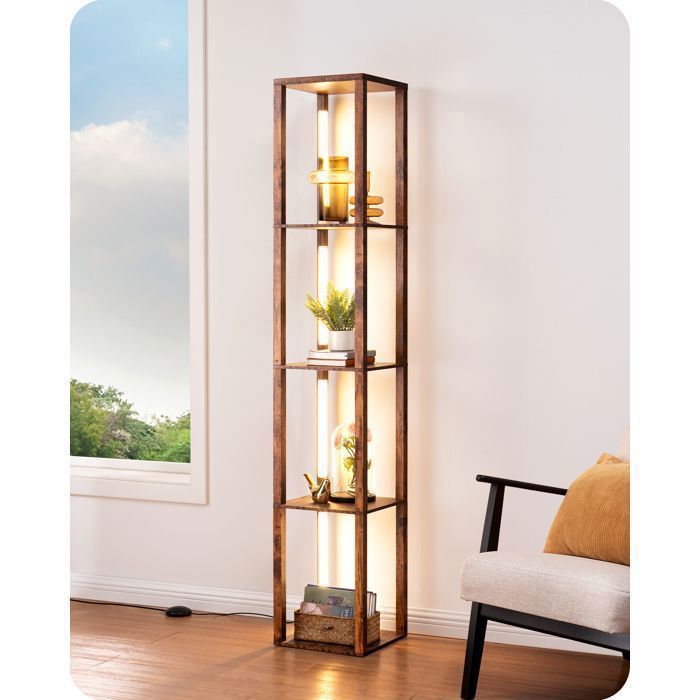 Lampadaire sur pied - EDISHINE - Tige rotative 360° - Étagères en bois - 3 températures - Dimmable