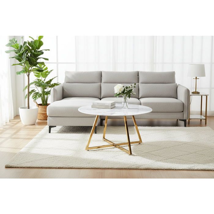 Table Basse Ronde Métal Gold Plateau Effet Marbre Blanc D80xH45cm