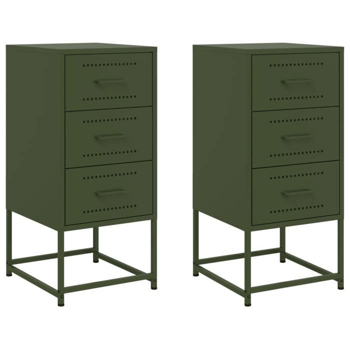 22377& 2 Pcs Tables de chevet - Table De Nuit - Armoire de Rangement - vert olive 36x39x78 cm acier