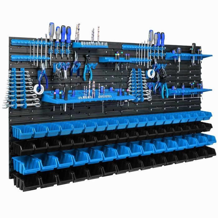 Étagère murale - BOTLE - 156 x 78 cm - 68 boîtes en plastique - Bleu et Noir - Pratique pour outils