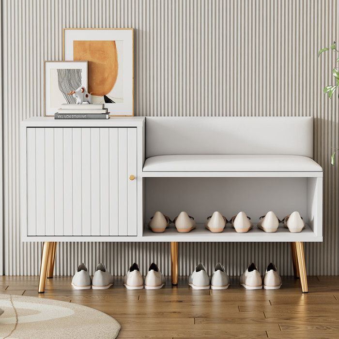 Meuble a chaussures avec poignées et pieds métalliques Banc à chaussures moderne en rembourrée Meuble entree en blanc