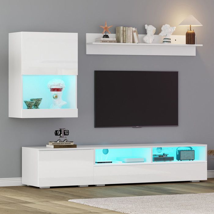 Meuble TV scandinave Set de 3: Meuble TV Armoire murale et étagères murales Ensemble de meubles de salon 175x39x34 cm Blanc