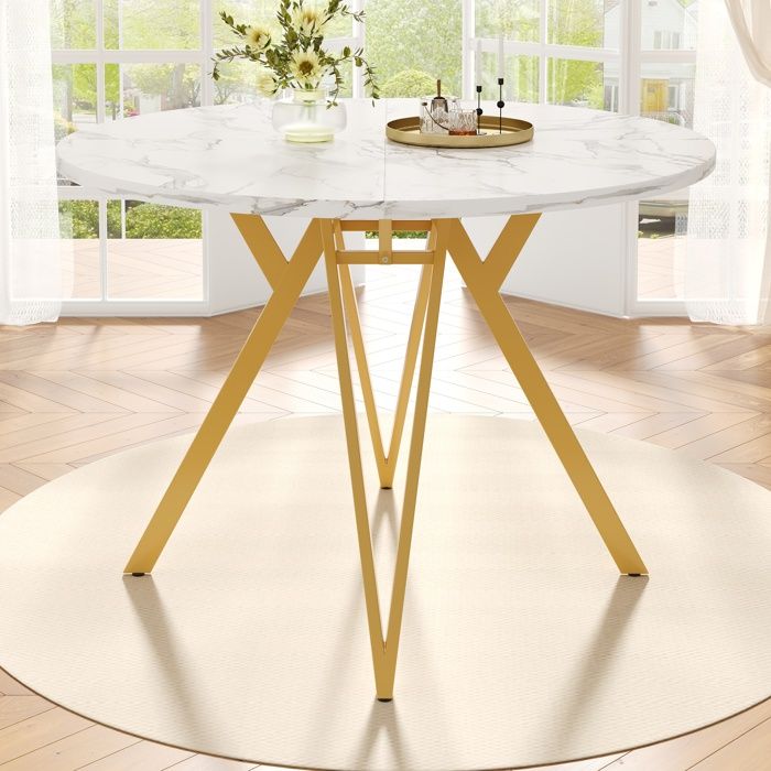 Table à manger ronde - MDF - 100x100cm - Pieds métal - Marbre or