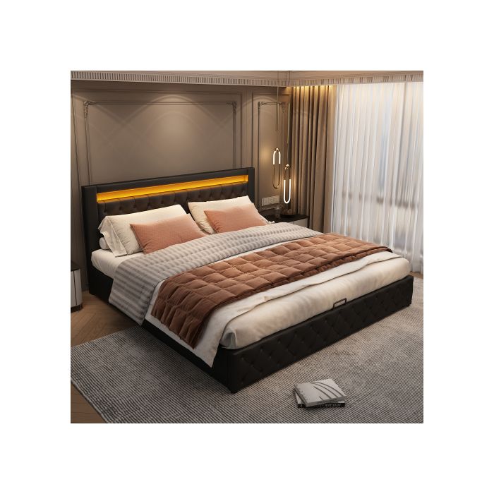 Lit Coffre 140x200 cm avec LED et Grand Rangement - Lit Rembourré - PU Noir Sommier à Lattes Inclus Design Moderne