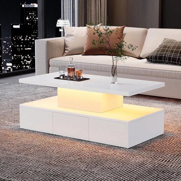 Tables Basses Rectangle Moderne Table de Salon avec Lumière LED Rangement Ouvert Table dappoint Haute Brillance 100x50x39cm