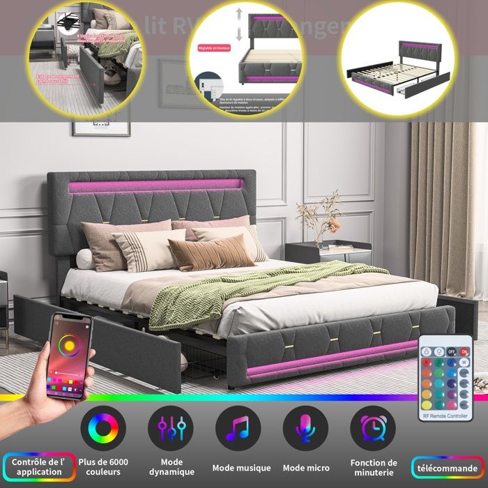 Lit Double 140x200 Lit Double avec Éclairage LED Lit Capitonné avec 4 Tiroirs Sommier à Lattes Tête De Lit Relevable Gris