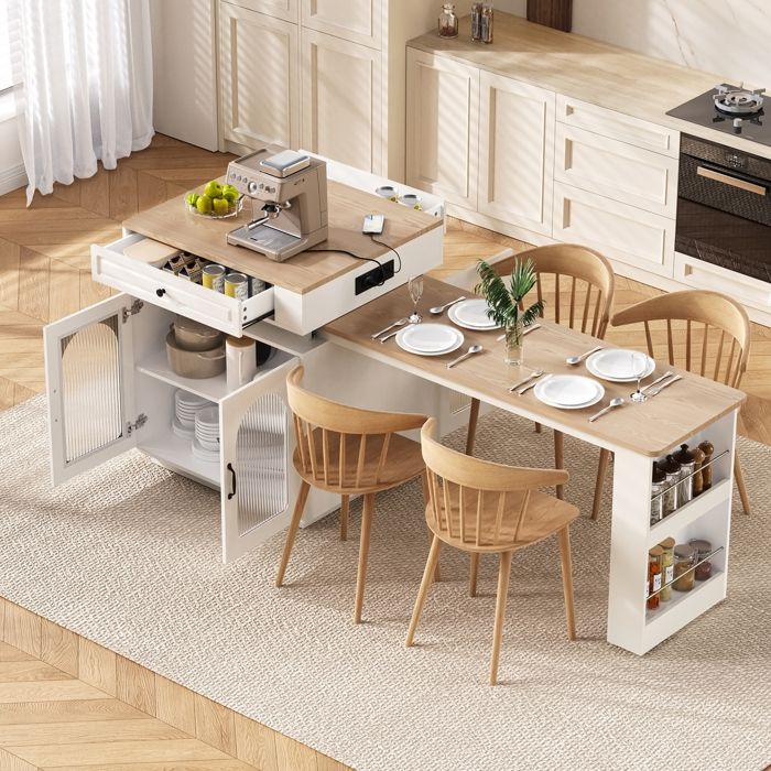 Îlot de Cuisine avec Roulettes Table de Bar avec Multiprise Table à Manger Extensible avec éclairage LED Buffet Cuisine Blanc
