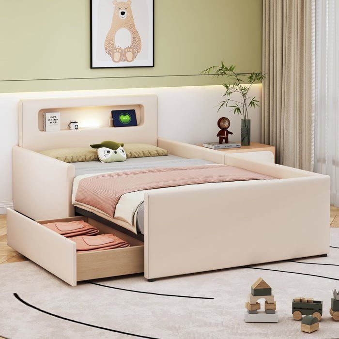 Lit rembourré 90 x 200 cm avec veilleuse port de charge USB compartiments de rangement lit simple beige (sans matelas)