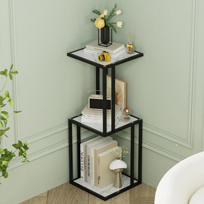 JEOBEST Support pour Plantes à 3 Niveaux - Table dappoint pour Canapé en Fer + MDF Étagère de Rangement - 30 × 30 × 83 cm