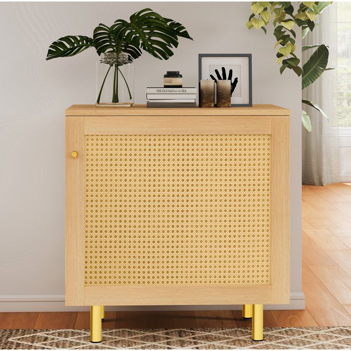 Buffet 1 porte 60x40x63 cm avec façade en rotin tressé meuble de rangement MDF décor bois naturel et métal doré