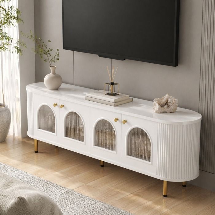 Meuble TV bas à 4 portes vitrées avec passe-câbles et charnières amorties - TCQPZ - en MDF Blanc et or 170 × 35 × 55 cm
