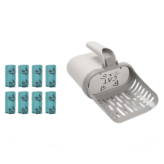Pelle à Litière pour Chat 8 rouleaux de sacs poubelle inclus avec Sacs à Litière pour Chat Portable de Gande Pelle Litière Gris