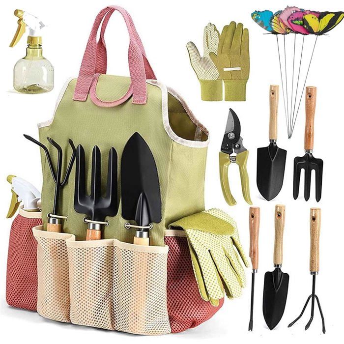Kit doutils de jardin - EVERWOL - Lot de 9 pièces - Outils inoxydables - Design ergonomique - Sac à main inclus